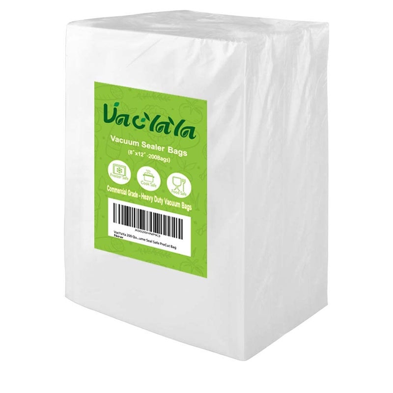 VacYaYa فاكيايا 200 كوارت حجم 8 × 12 بوصة آلة تخزين أكياس الفريزر بتقنية الشفط للطعام، أكياس فاك سيل للوجبات مع أكياس مسبقة القطع خالية من BPA لعملية الطهي بالفراغ - Image 1